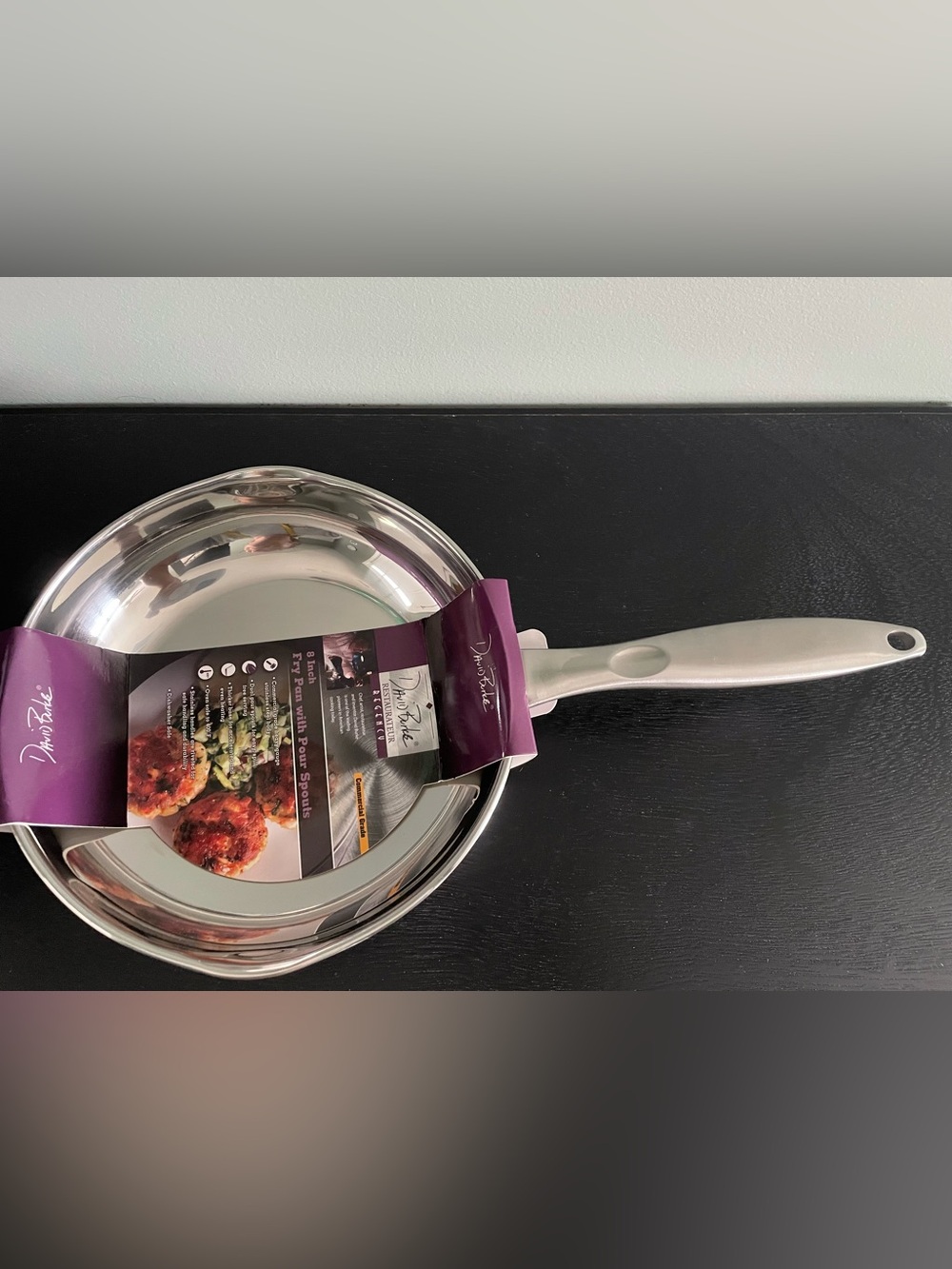 David Burke Regency 8 Inch Stainless Steel Fry Pan W Pour Spouts Up to 400F NEW